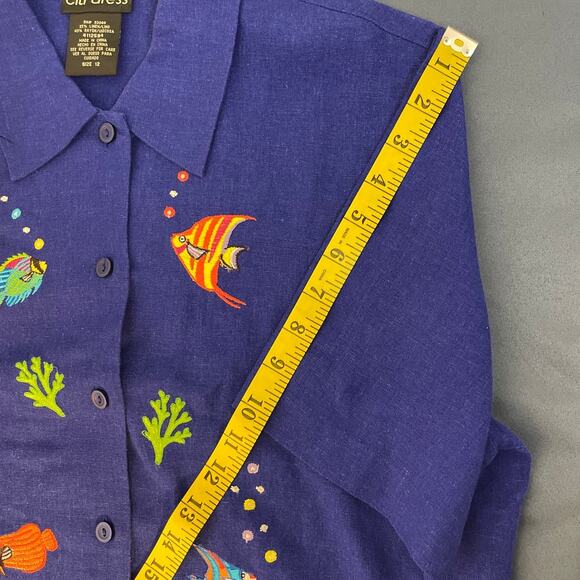 Citi Dress Short Sleeve Linen Blend  Button Up Top Blue with Embroidery Size 12 - Picture 7 of 8